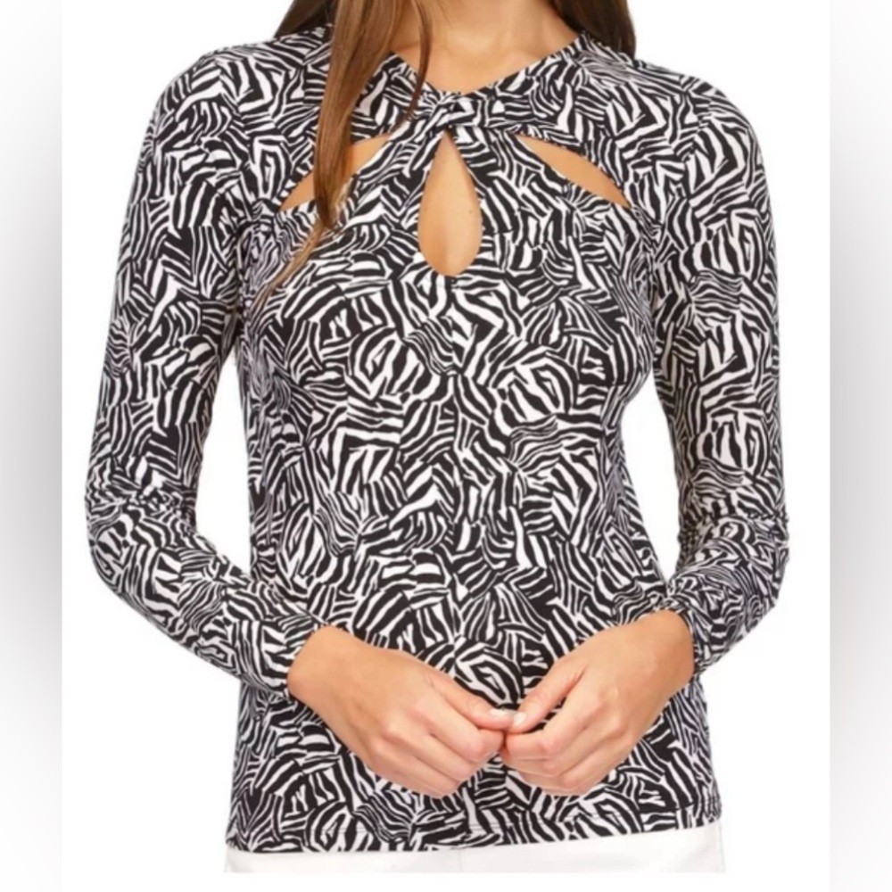 Michael Kors Women's Size Small Printed Twist Keyhole Top in Black & White